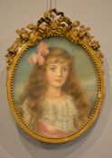 British School Portrait of a girl with a pink bow Pastel Oval: 52 x 43cm