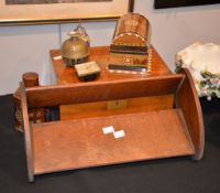 A Victorian walnut and brass banded writing box, and other items