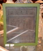 A Chinese rectangular tea-brick, typically moulded in relief and mounted