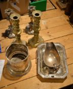 A small group of electroplated table wares, comprising a pair of candle sticks