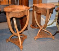 A pair of burrwood Biedermeier style lamp tables, 20th century, tripod bases