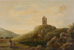 William Langley Two figures and a horse, with castle ruins on a hill beyond...