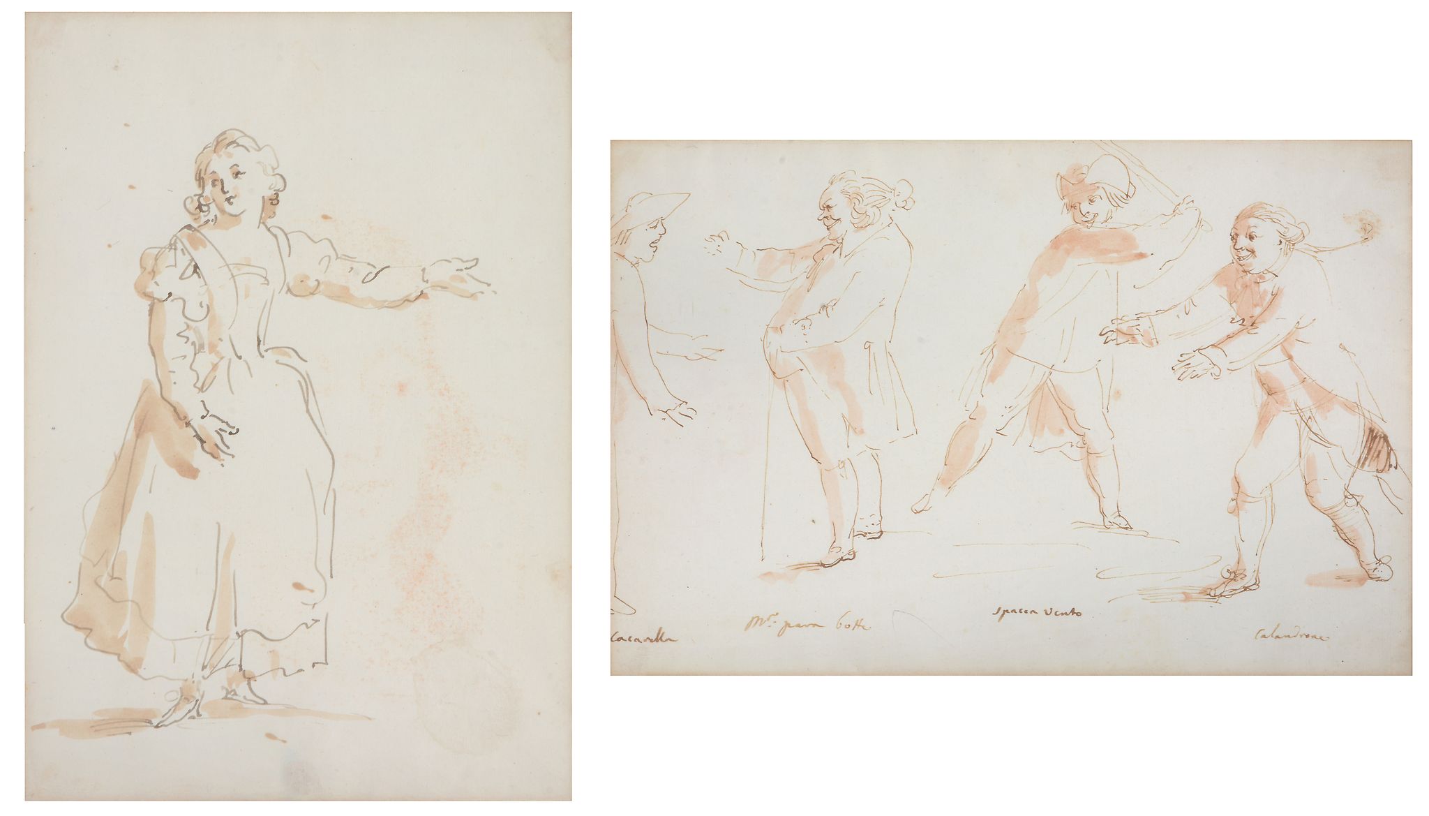 Italian School Four figures; A lady Ink and wash The former inscribed