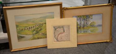 A group of five assorted prints, watercolours and drawings to include a map.
