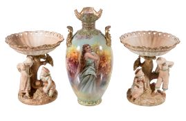 A pair of Royal Worcester double-figure comports in the manner of Kate