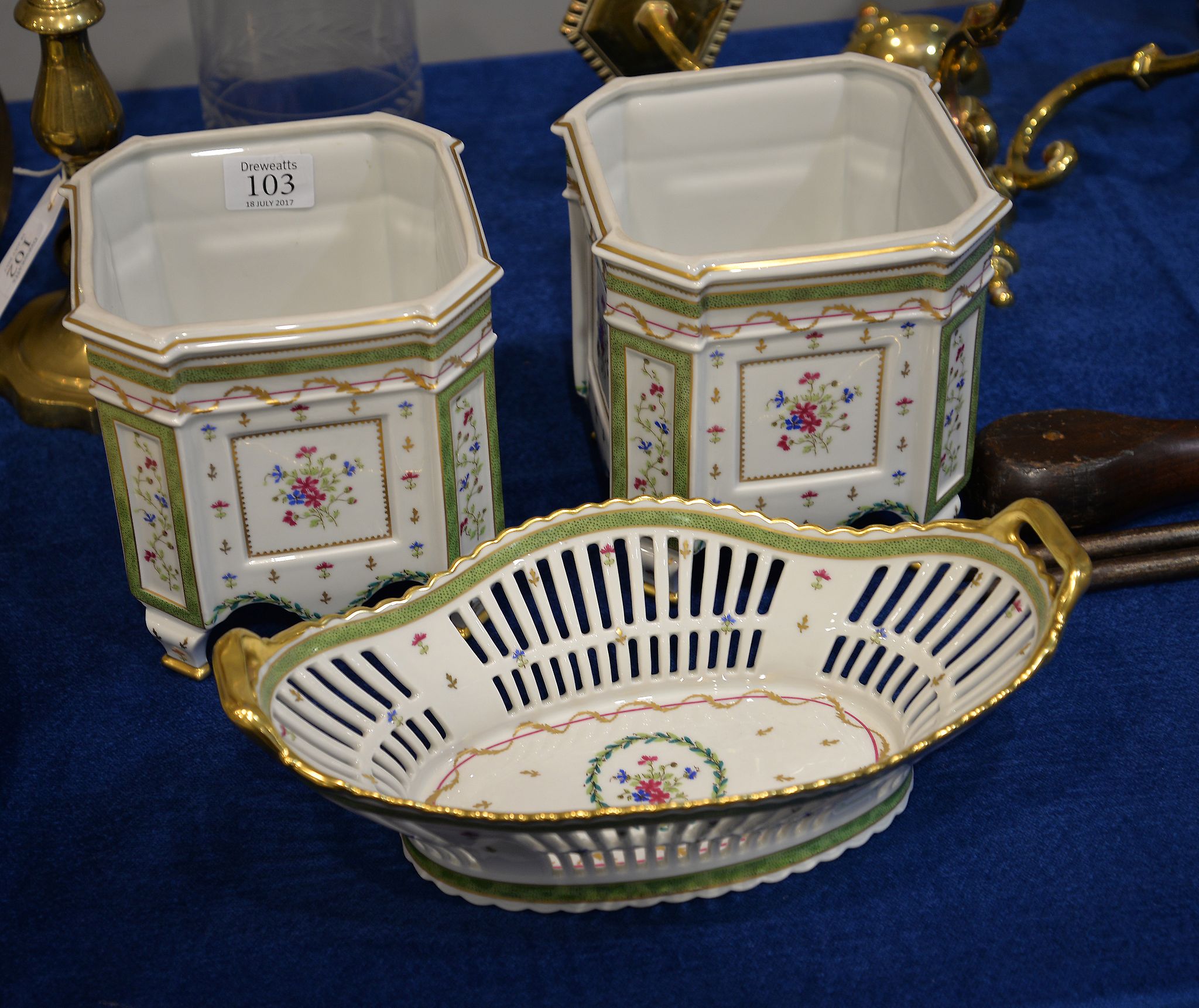 A pair of modern Haviland Limoges jardinieres, and a pierced basket