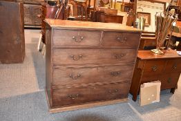 A 19th century mahogany chest of two short and three long drawers, feet lacking