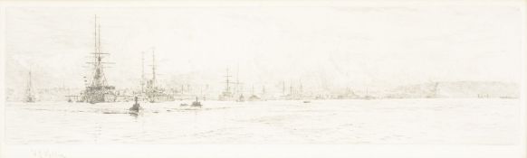 William Lionel Wyllie The Fleet at Anchor and Dreadnought Etching Signed in
