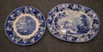 A Wedgwood blue and white printed oval meat dish