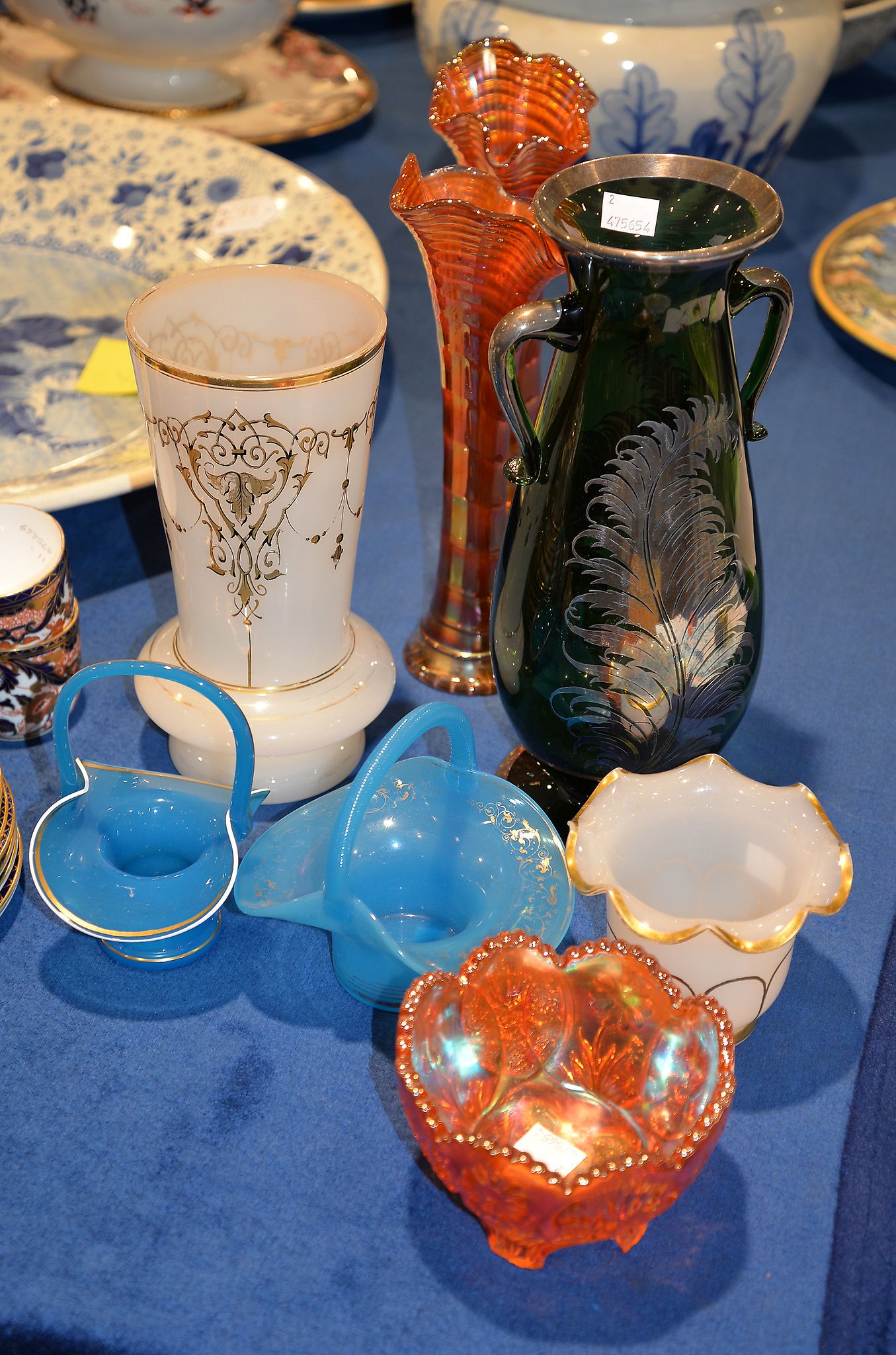 A German stoneware jug and jardinière , a quantity of glass to include opaline