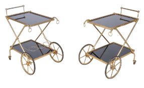 Pair of gilt metal trollies, with glass tiers, one with bottle carrier