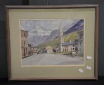 20th Century School Mountain village scene Watercolour and charcoal.