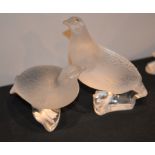 A pair of modern Lalique frosted glass models of partridge, etched marks