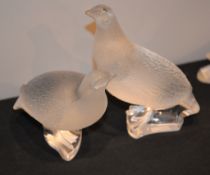A pair of modern Lalique frosted glass models of partridge, etched marks