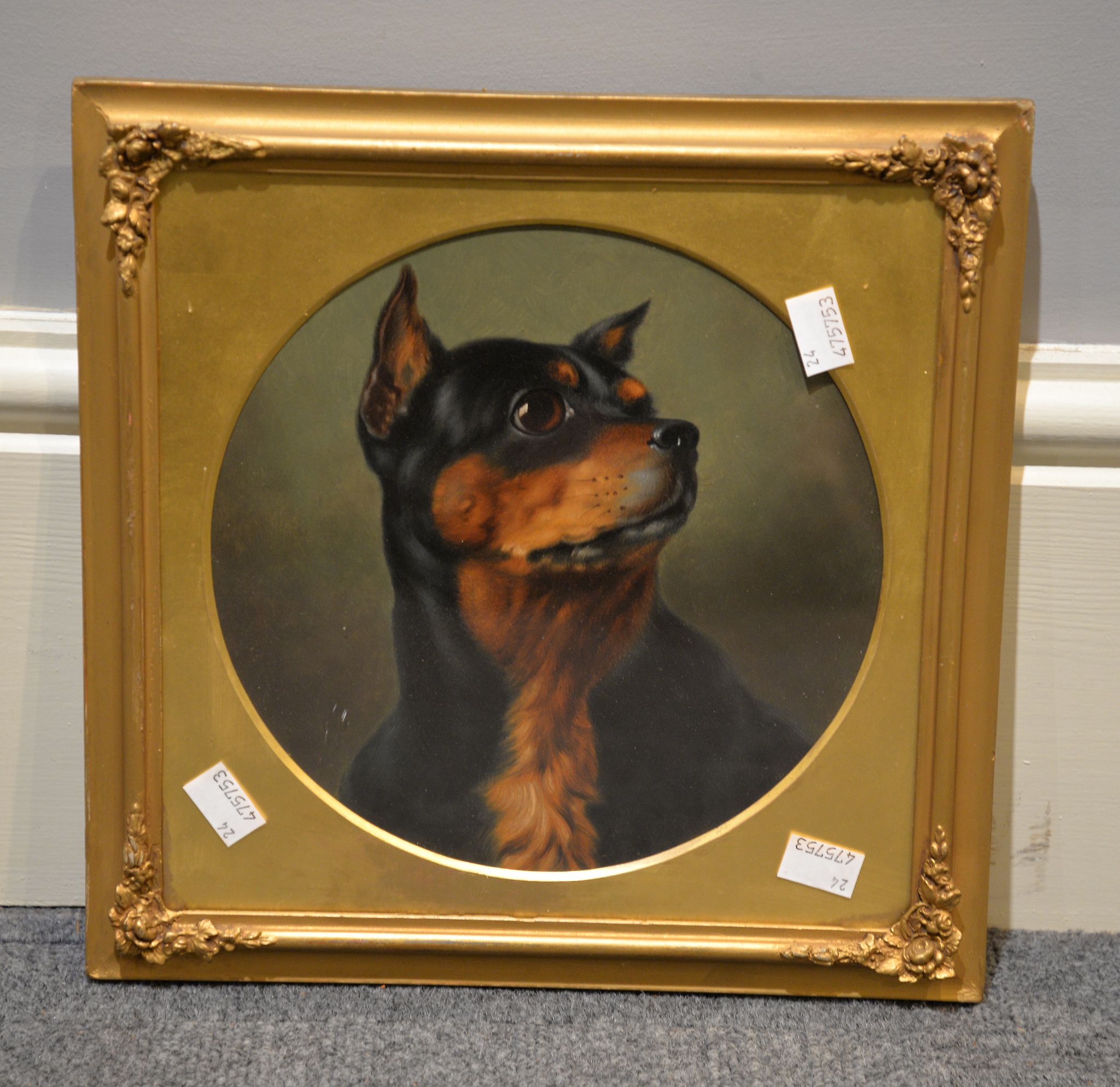 Attributed to George Earl Head portrait of a Manchester Terrier Oil on board