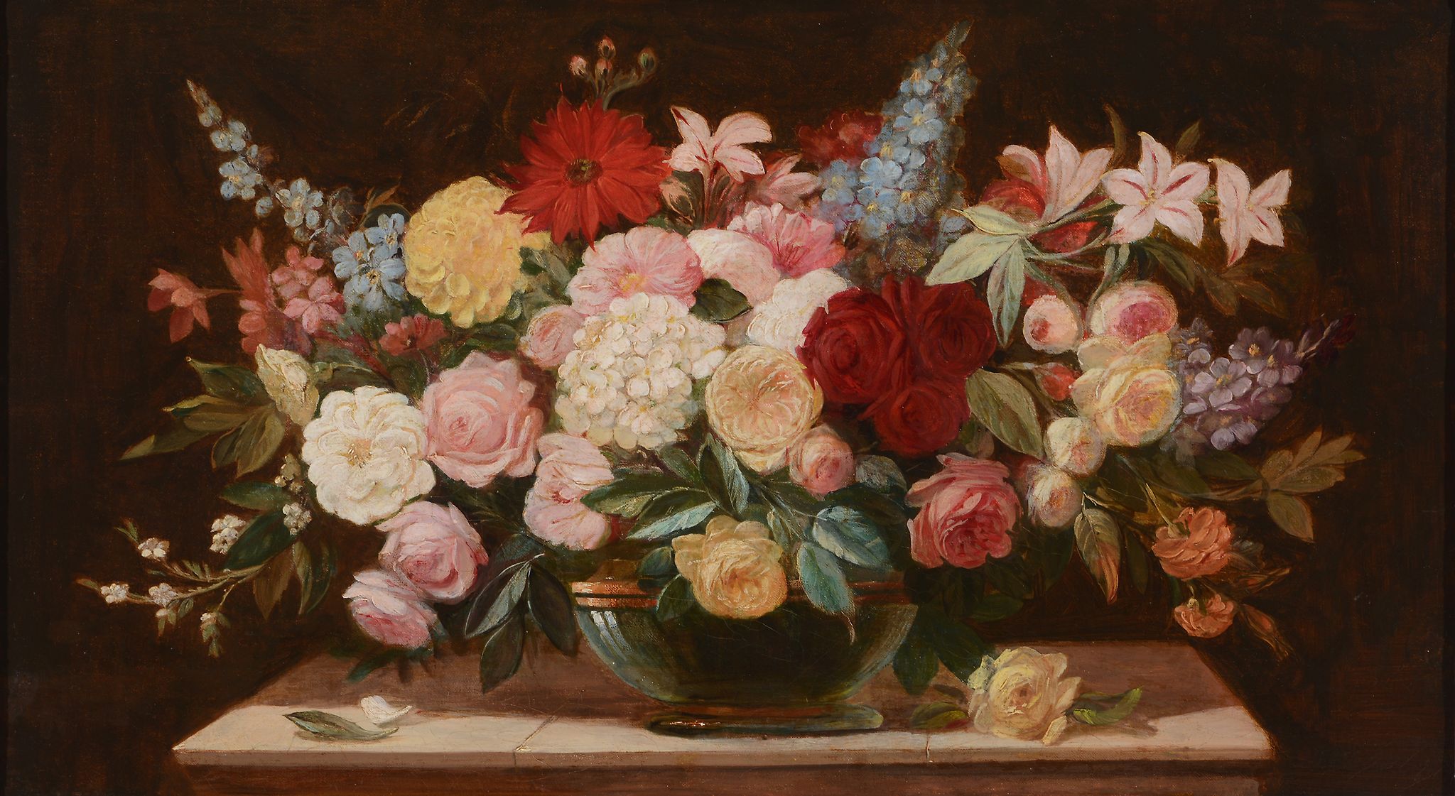 Manner of J.G. Seitz Still life of a bowl of flowers Oil on canvas 41 x 75cm
