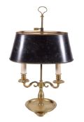 A brass and tole peinte adjustable bouillotte lamp, 20th century