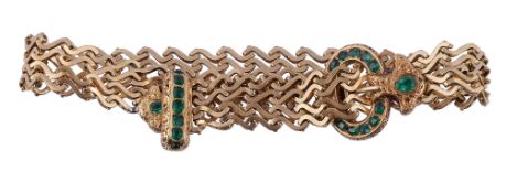 A mid 19th century Continental emerald bracelet , circa 1850, the buckle with scrolled engraved