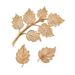 A pair of gold coloured filigree leaf earrings, designed as leaves, with post fittings, 2.2cm long;