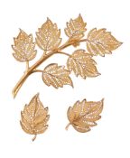 A pair of gold coloured filigree leaf earrings, designed as leaves, with post fittings, 2.2cm long;