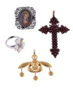 A garnet cross pendant, set with rose cut garnets, 6.9cm long; a portrait miniature brooch; a