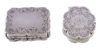 Two Victorian silver vinaigrettes, one shaped oval by Colen Hewer Cheshire, Birmingham 1886,