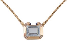 An aquamarine, diamond and sapphire pendant necklace, the rectangular cut aquamarine collet set