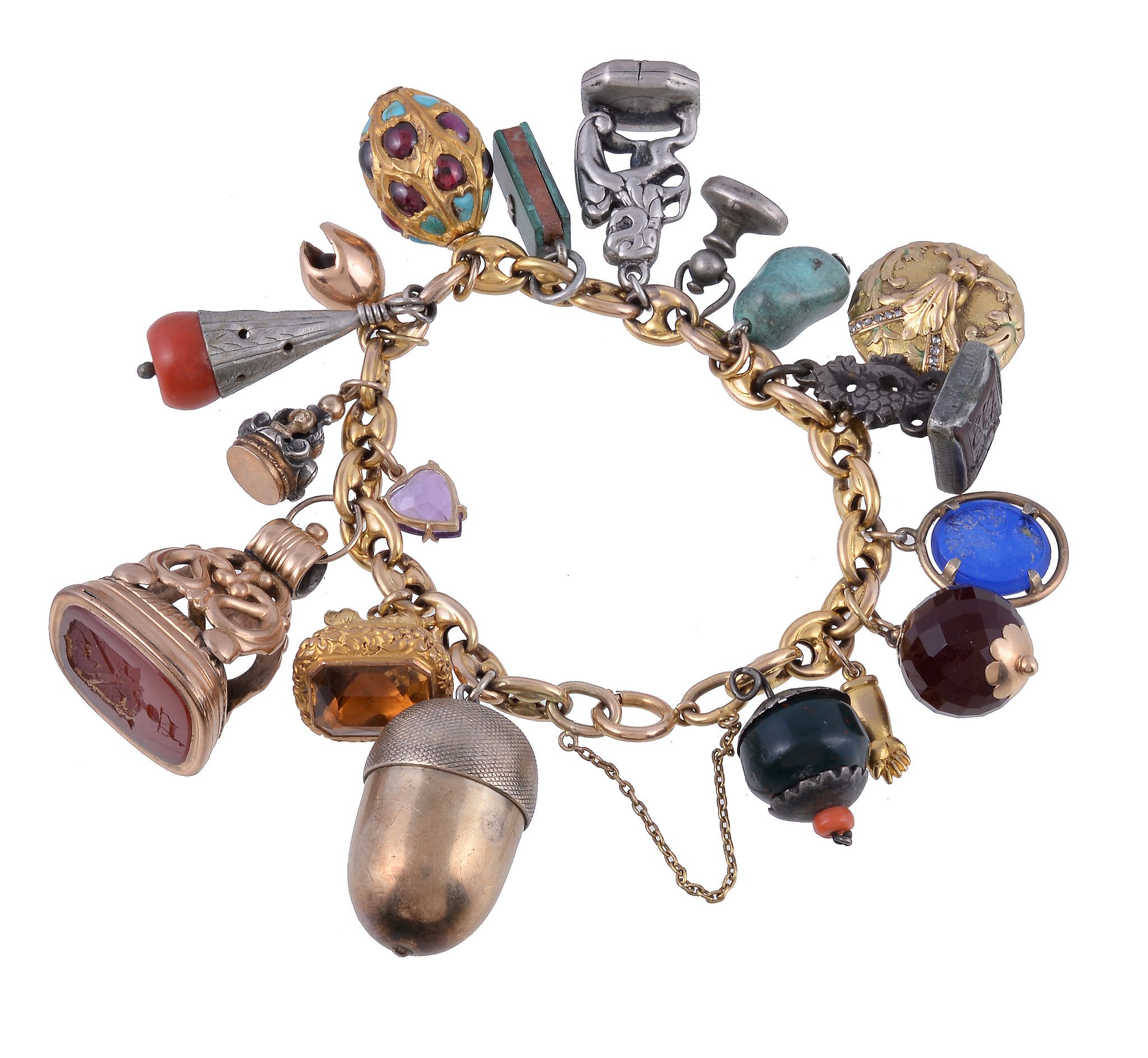 A gold coloured charm bracelet, the fancy link bracelet with various attached charms, including a