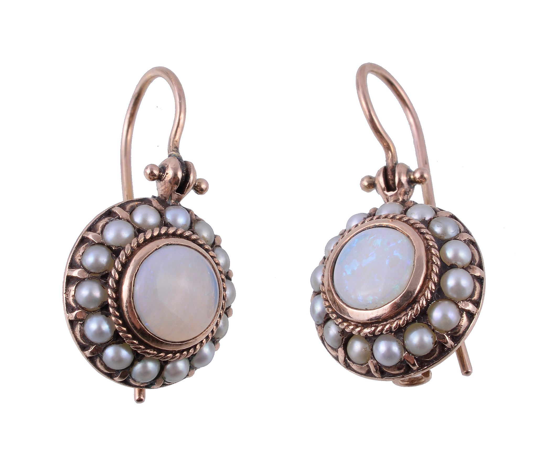 A pair of opal and pearl earrings, the central circular cabochon opal collet set within a surround