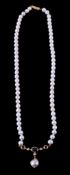 A freshwater cultured pearl, sapphire and diamond necklace, the uniform freshwater cultured pearls