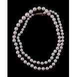 A cultured pearl necklace, the graduating cultured pearls on a knotted string, to a French gold