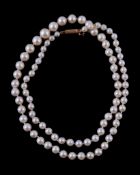 A cultured pearl necklace, the graduating cultured pearls on a knotted string, to a French gold