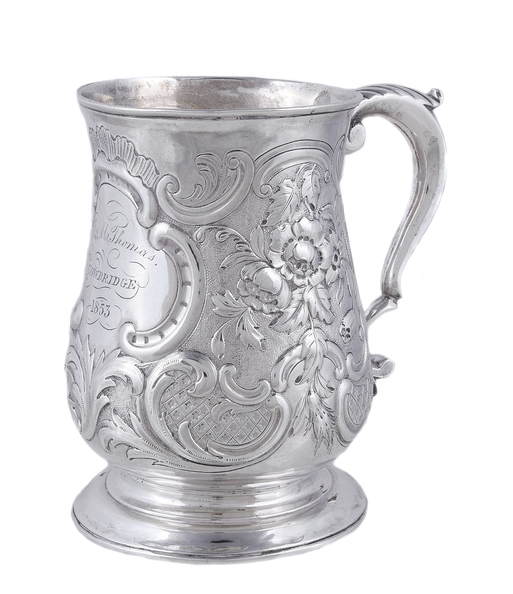 A late George II silver baluster mug by William Shaw & William Priest, London 1755, with a leaf-