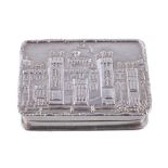A silver rectangular castle-top pill or snuff box by S. J. Rose and Son, Birmingham 1981, the