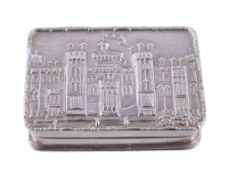 A silver rectangular castle-top pill or snuff box by S. J. Rose and Son, Birmingham 1981, the