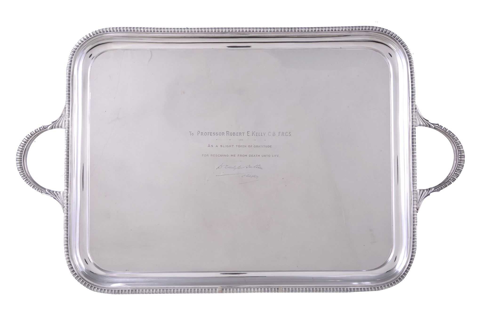 A silver rectangular twin handled tray by James Dixon & Sons Ltd, Sheffield 1931, with a raised