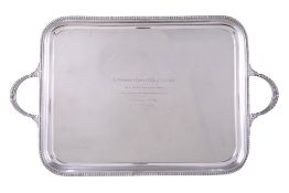 A silver rectangular twin handled tray by James Dixon & Sons Ltd, Sheffield 1931, with a raised