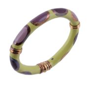An enamel and gold bangle by Fidia, the hinged bangle with green and purple enamel, to the gold