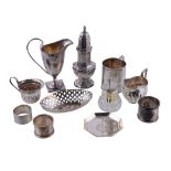 A collection of silver items, to include: an Edwardian octagonal baluster caster, Birmingham 1907,