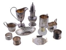 A collection of silver items, to include: an Edwardian octagonal baluster caster, Birmingham 1907,