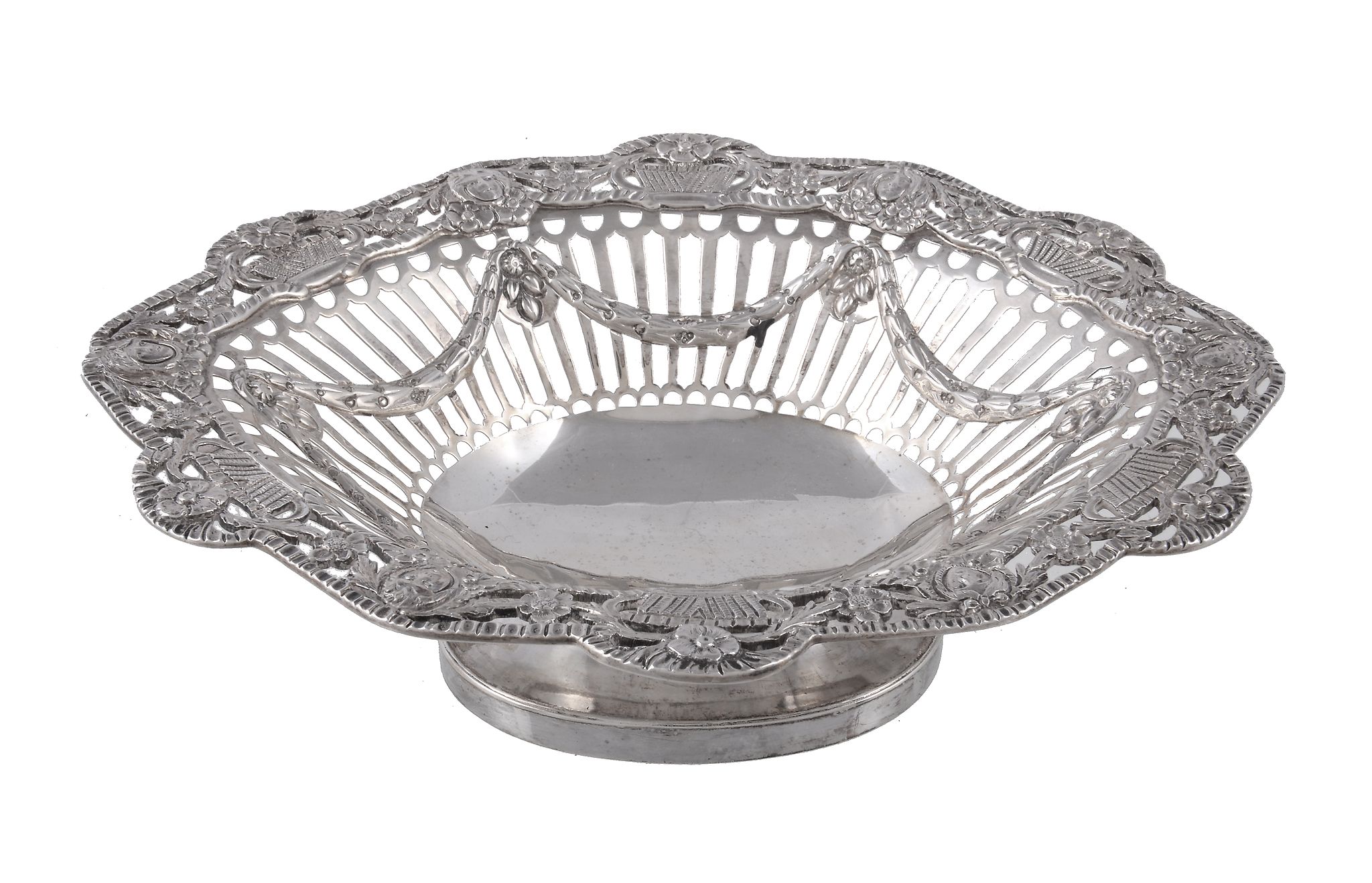 A late Victorian silver shaped oval pedestal basket by Charles Stuart Harris, London 1898, the - Image 2 of 2