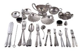 A collection of small silver and electro-plated flatware, including: a pair of late Victorian