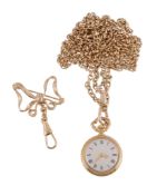 A belcher link long chain, stamped 375, 38.9g, 154cm long; together with a gold coloured fob watch,
