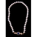 A cultured pearl, sapphire and diamond necklace, the single strand necklaces composed of uniform