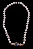 A cultured pearl, sapphire and diamond necklace, the single strand necklaces composed of uniform