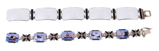 A Norwegian enamel bracelet by Albert Scharning, the rectangular white guilloche enamel panels with