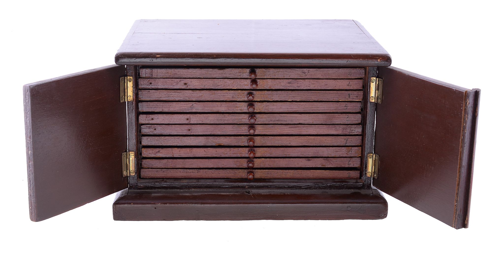 A hardwood collector's coin cabinet, ten trays pierced for coins of various sizes, double-doors, - Image 2 of 2