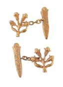 A pair of gold coloured cufflinks, of textured foliate design, with belcher link connectors, 7.1g