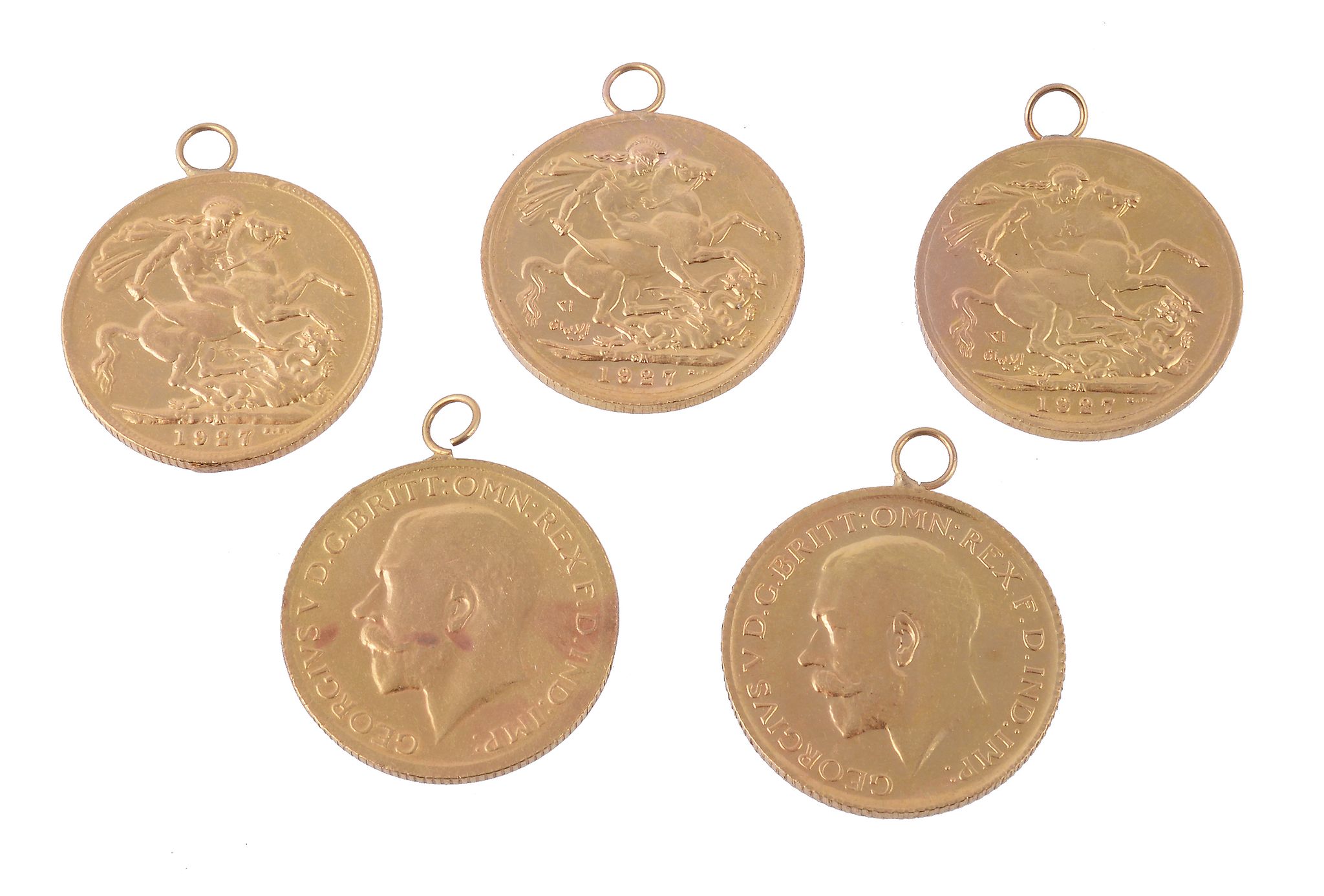 George V, jeweller's copy Sovereigns dated 1927 (5), all with suspension mount, each 8.1g. Good