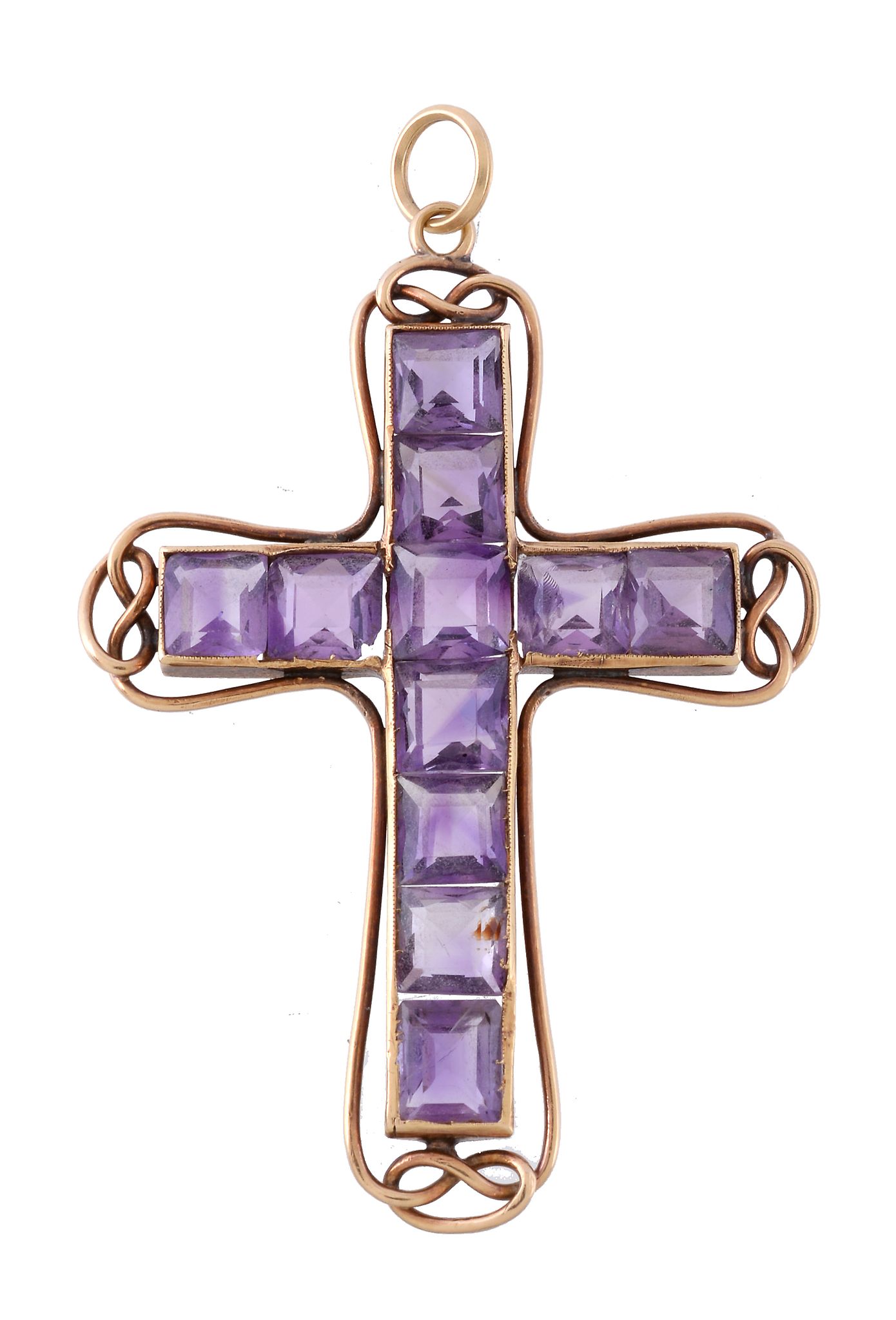 An amethyst cross pendant, set with square cut amethysts, 6cm long